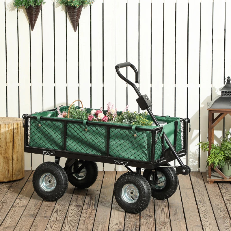 114L Green Steel Frame Garden Cart Trolley - Heavy Duty Outdoor Utility Wagon