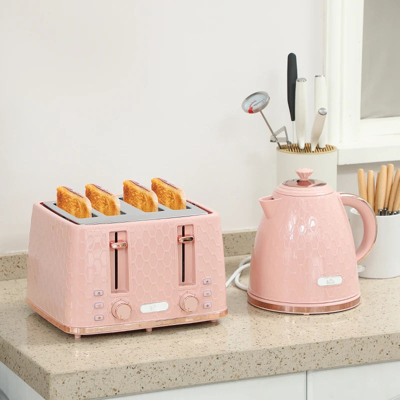 Light Pink Kettle and Toaster Set - 1.7L Fast Boil Jug Kettle & 4 Slice Toaster with 7 Browning Levels