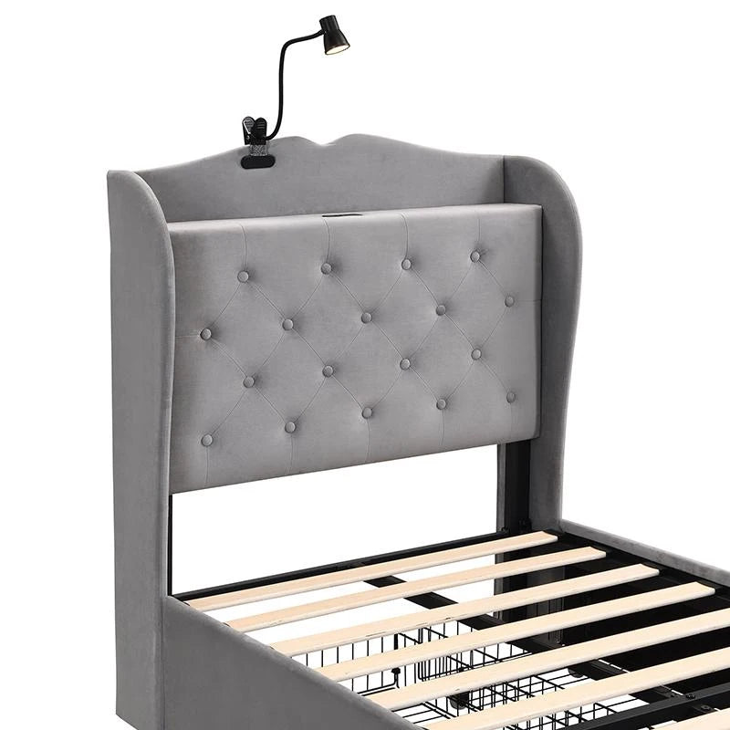 3FT Single Velvet Storage Bed with 4 Drawers, USB Ports & Table Lamp - Durable Gray Upholstered Design, 206.5L x 96.5W cm