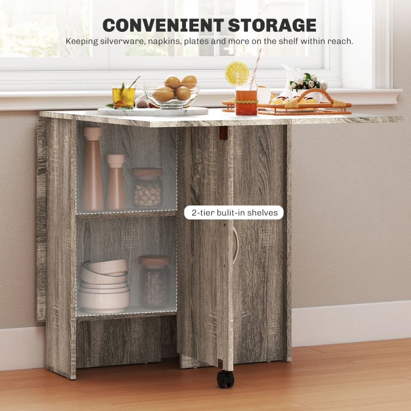 Folding Drop Leaf Dining Table with 2-Tier Shelves & Rolling Casters - Space-Saving Grey Table for Kitchen & Small Spaces