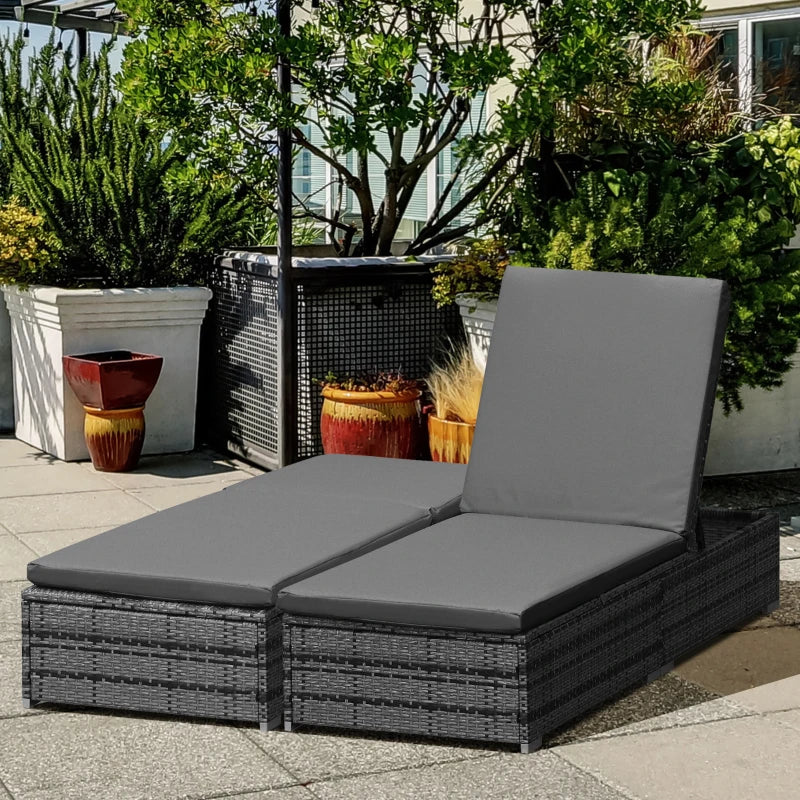 Grey Rattan Sun Loungers Set of 2 with Cushion and Recliner Backrest
