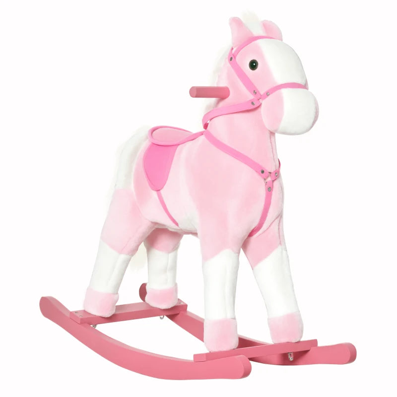 Pink Baby Rocking Horse Plush Ride-On Toy with Sound and Handle Grip for Kids Ages 3-6 - Perfect Gift!