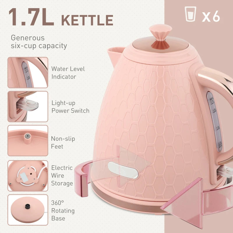 Light Pink Kettle and Toaster Set - 1.7L Fast Boil Jug Kettle & 4 Slice Toaster with 7 Browning Levels