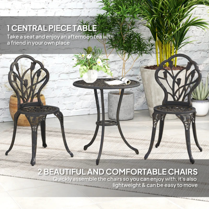 3 Piece Bronze Outdoor Patio Bistro Set for 2 - Aluminium Garden Table and Chairs with Umbrella Hole for Balcony