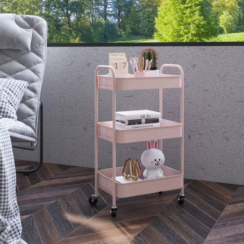 Three Tier Pink Steel Storage Trolley for Kitchen and Home Organization