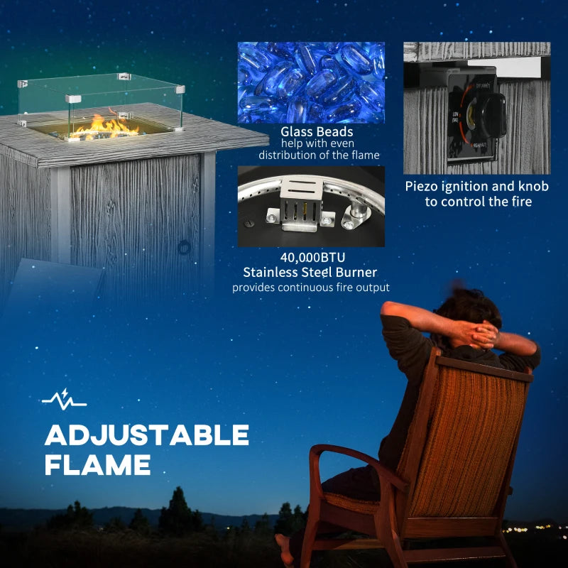 50,000 BTU Grey Gas Fire Pit Table with Cover & Glass Screen - Outdoor Heating Solution for Patios & Backyards