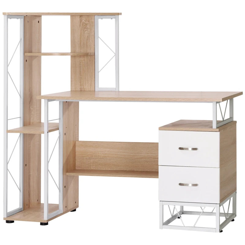 Oak Computer Desk with Drawers & Bookshelf - Stylish Writing Desk for Home Office & Study Workstation with Storage Shelves