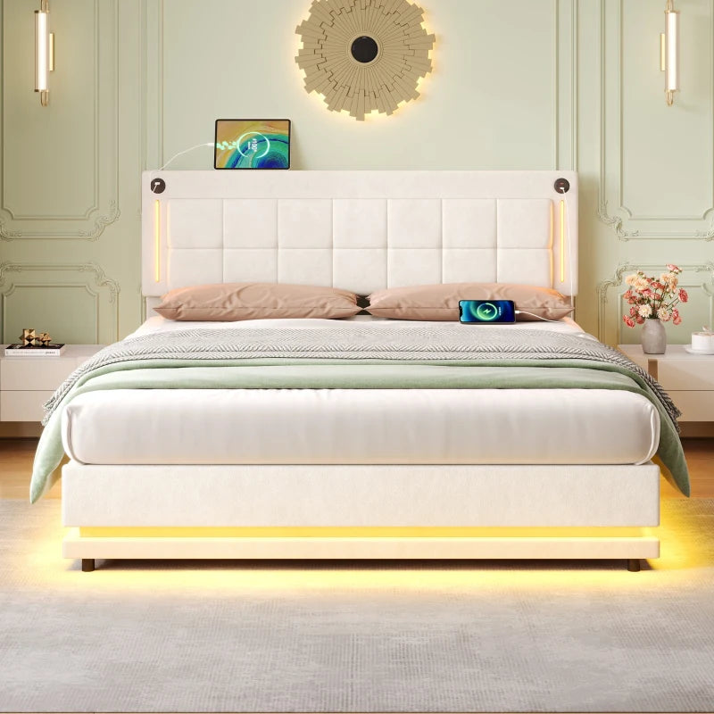 King Size LED Hydraulic Bed with Charging Station Adjustable Tufted Headboard Space Saving Design Beige