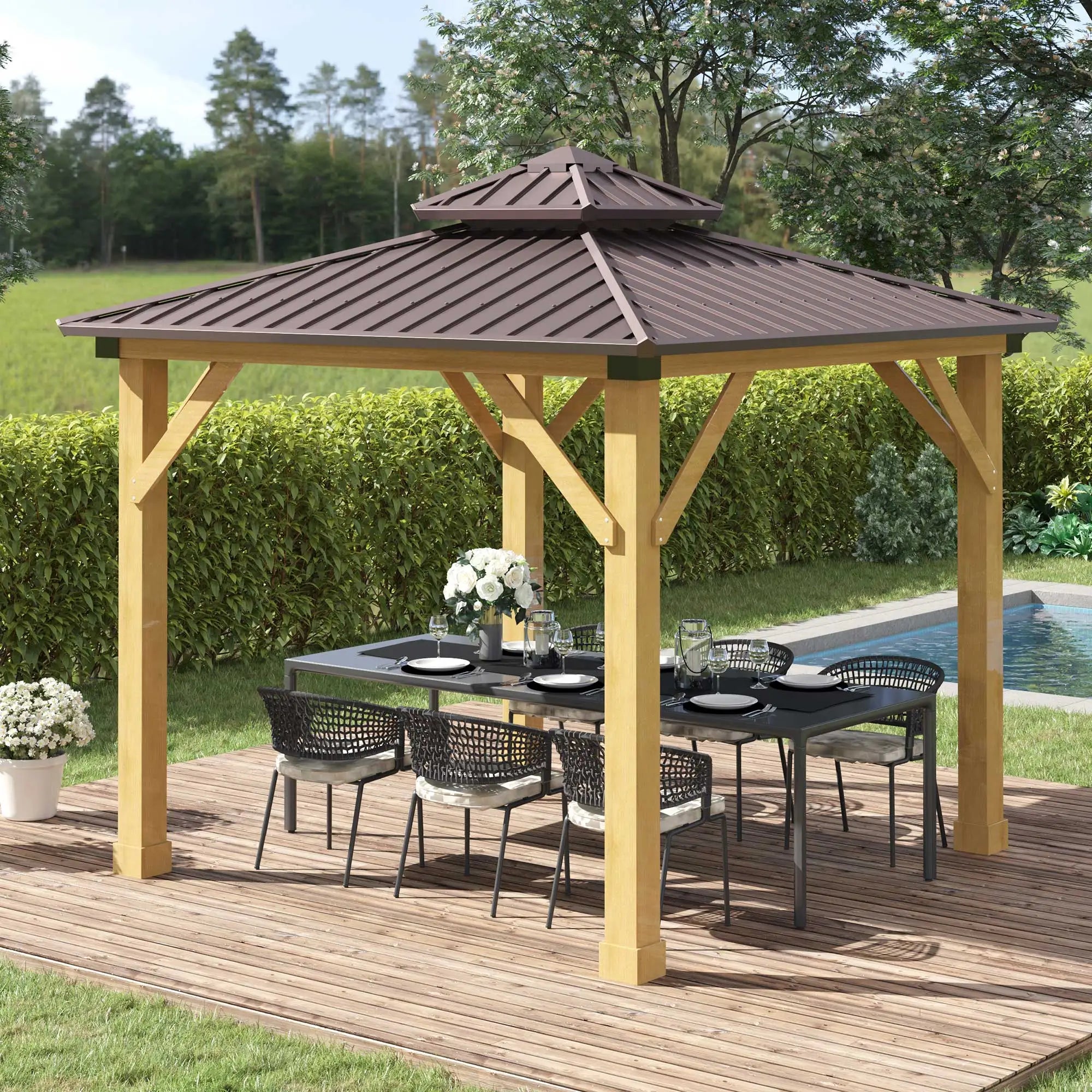 Brown 3m x 3m Hard Top Gazebo With 2-Tier Roof and Solid Wood Frame