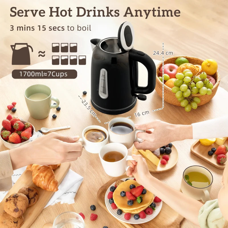 Premium Black Kettle and Toaster Set - 1.7L Rapid Boil Jug Kettle with Strix Thermostat & 4-Slice Toaster with 7 Browning Levels