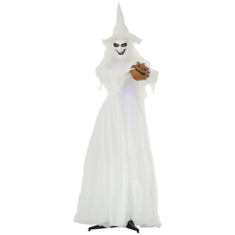 74" Halloween Decorations - Life Size White Witch Holding Pumpkin Head & Skeleton Ghost Prop with Light Up Eyes