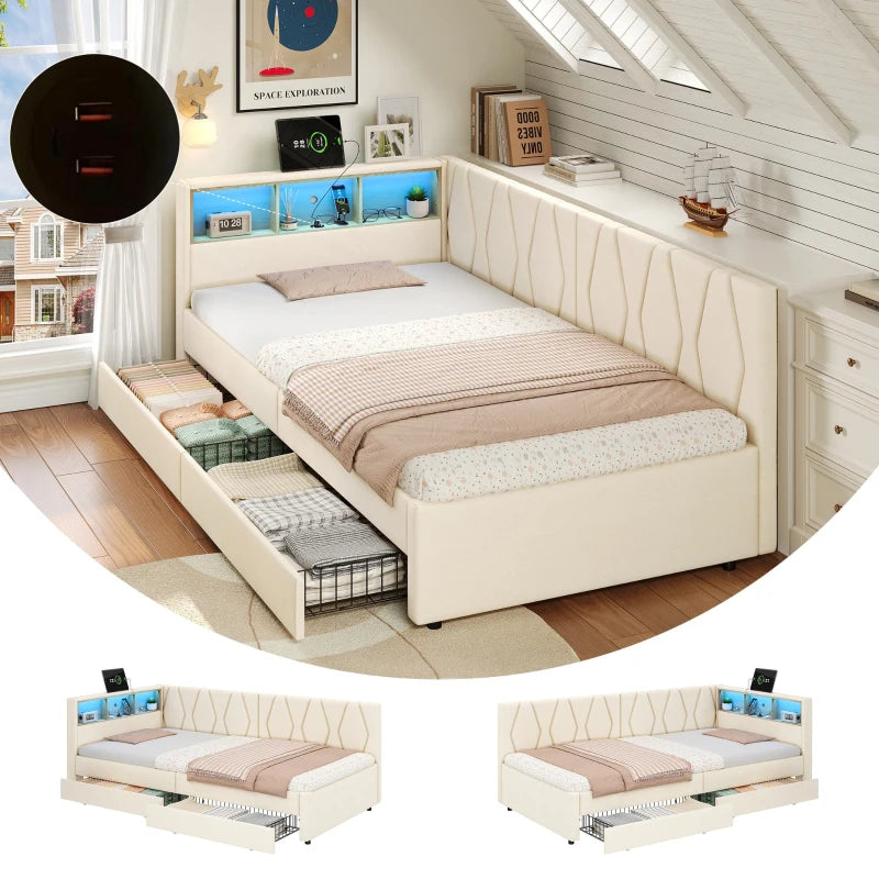 Compact Linen Daybed with Storage Drawers LED Headboard and Charging Station Beige Sofa Bed