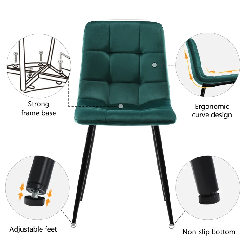 Set of 4 Green Velvet Upholstered Dining Chairs with Metal Frame & Backrest - Stylish 44x41x86 cm Design