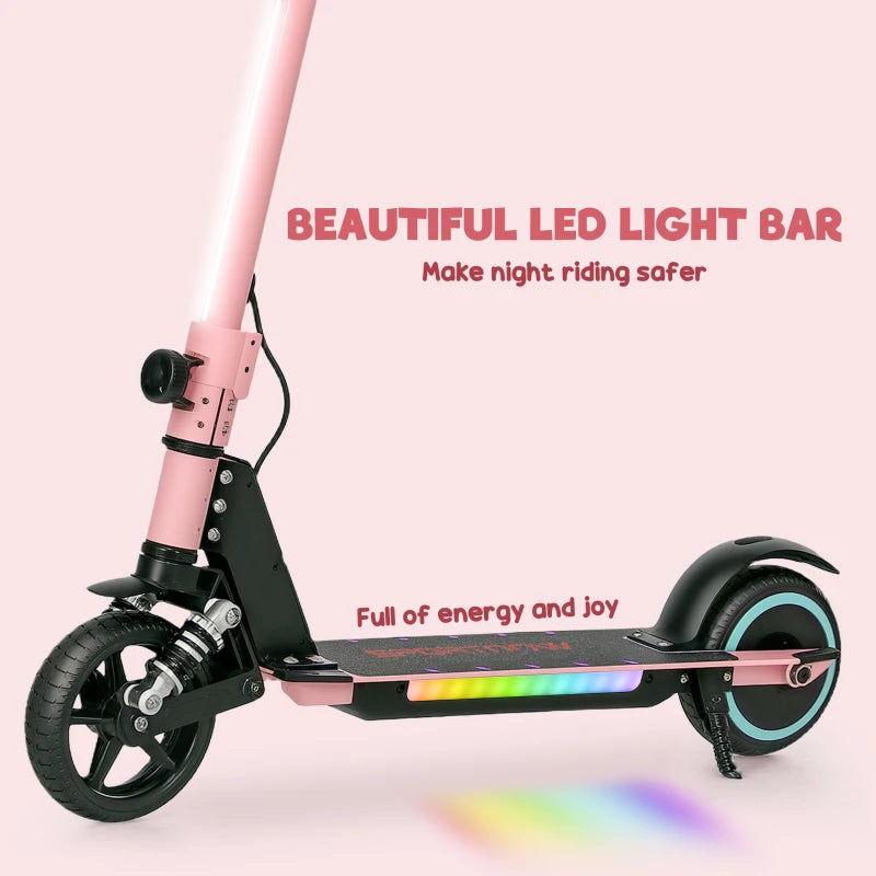 Folding Electric Scooter for Kids with Dual Brakes Front Suspension and LED Lights in Pink