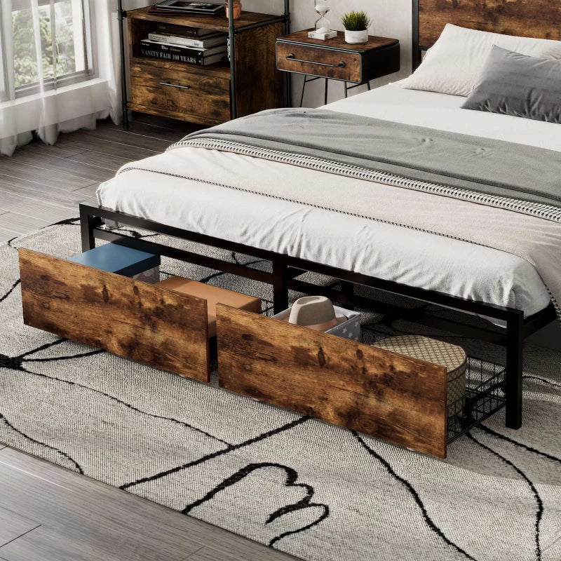 Metal Double Bed with LED Light Strip, 4 Drawers & 3 USB Ports - Black & Dark Walnut, 207.5x135x105 cm