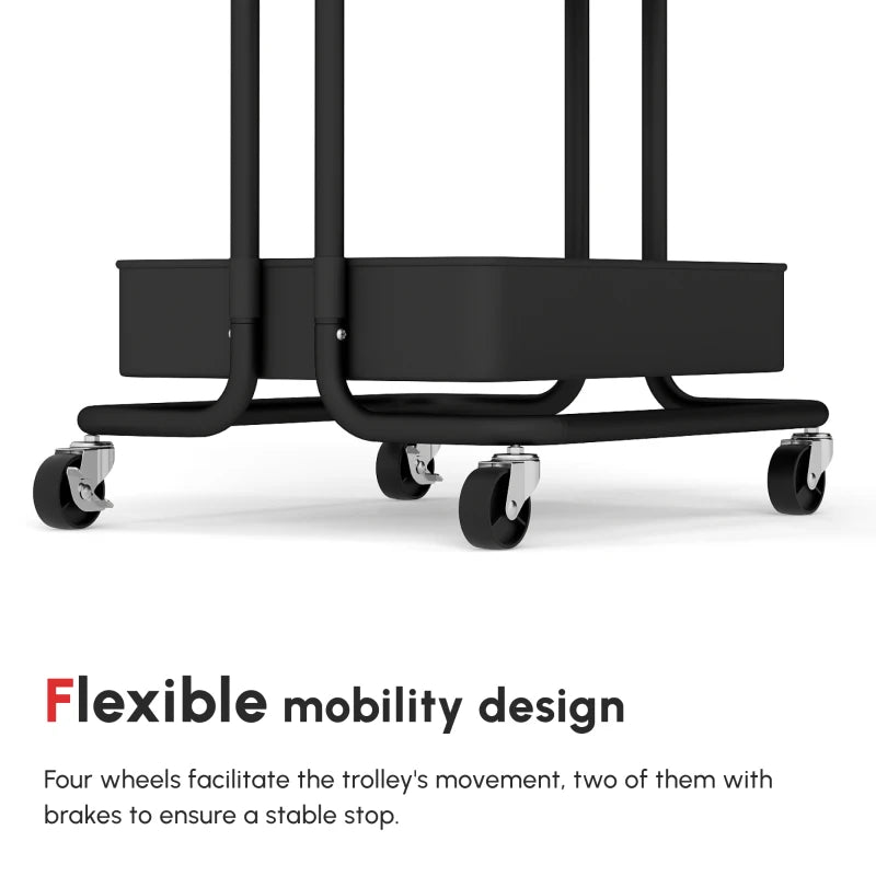 Versatile Black Three-Tier Home Trolley with Handle & Wheels - Perfect for Kitchen, Living Room, or Office Storage