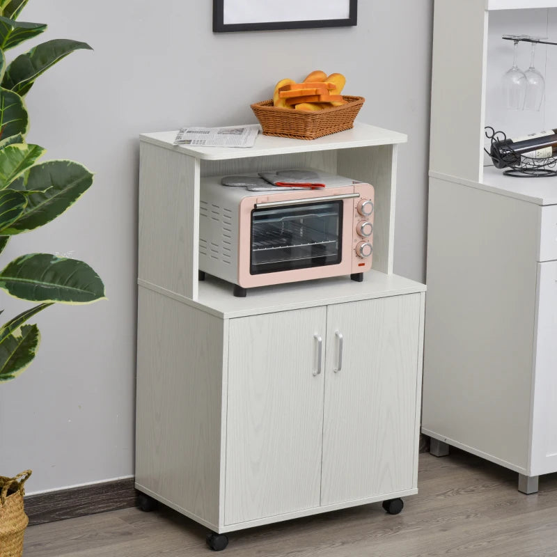 Modern Kitchen Storage Unit - Microwave Stand Trolley Cart with Locking Wheels, Sideboard & Shelf for Living Room/Dining Room - White