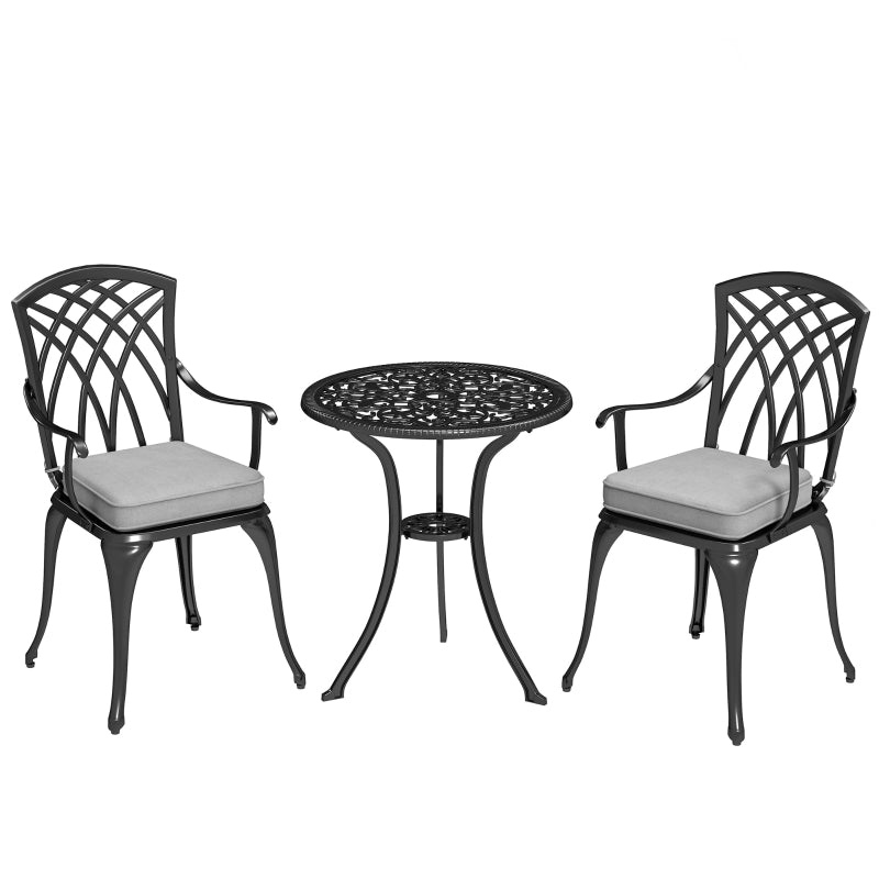 3 Piece Black Cast Aluminium Garden Bistro Set for 2 - Outdoor Coffee Table Set with Cushions, Rust Resistant, Parasol Hole, Perfect for Patio and Balcony