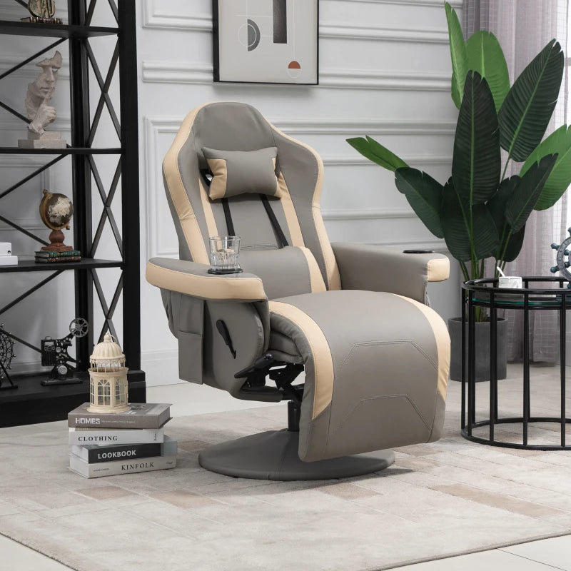 Grey PU Leather Manual Recliner Armchair with Adjustable Leg Rest and 360° Swivel Function