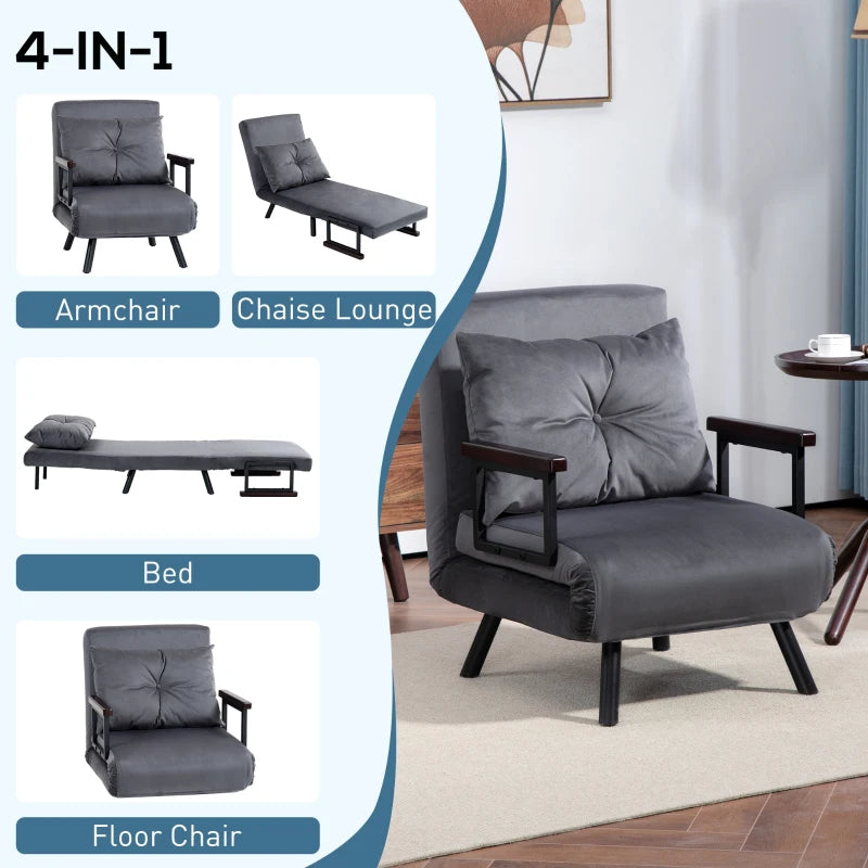 Velvet-Feel Charcoal Grey Single Chair Bed with Pillow - Versatile 4-in-1 Design for Comfort and Style