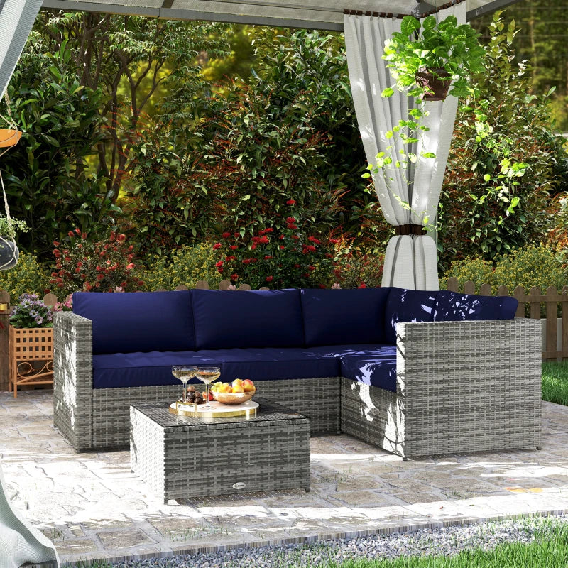 3 Piece Rattan Garden Furniture Set with Thick Cushions and Glass Top Coffee Table