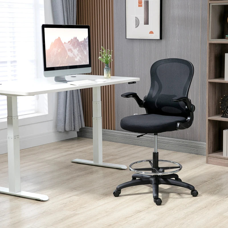 Vinsetto Adjustable Mesh Standing Desk Chair - Ergonomic with Flip-up Armrests, Lumbar Support & Adjustable Footrest - Black