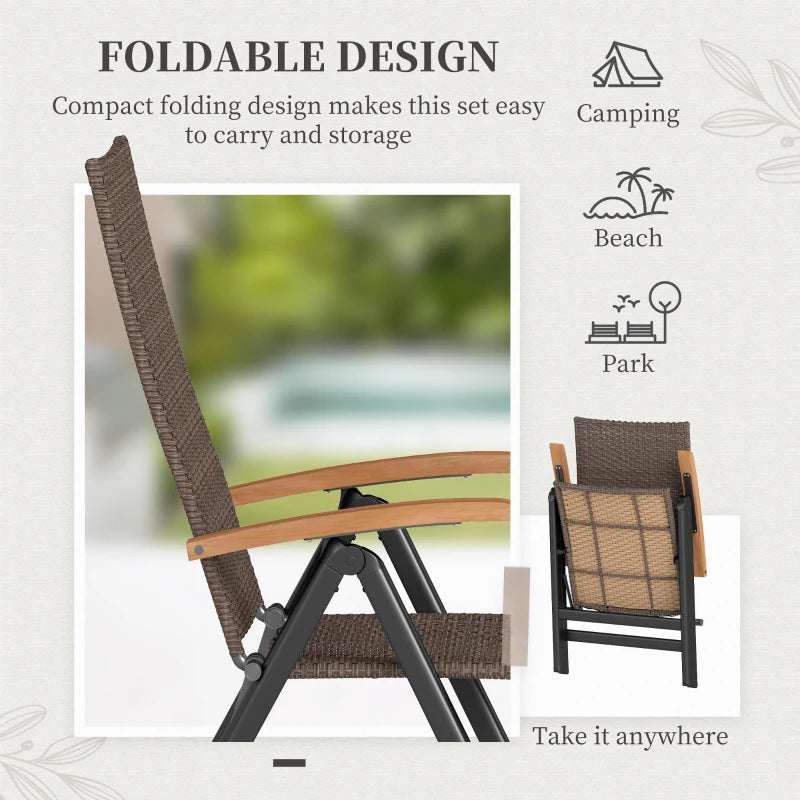 Folding Rattan Garden Dining Chair - 5-Level Reclining High Back, Wood Armrests, Outdoor Patio Furniture - Brown