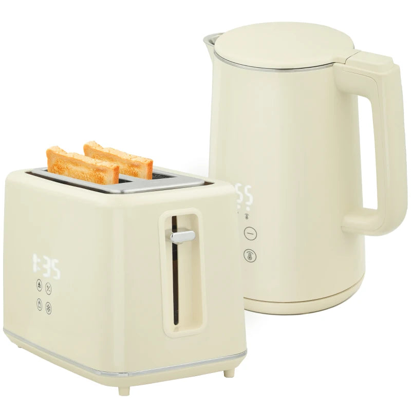 Digital Stainless Steel Kettle & Toaster Set - 1.5L Fast Boil 3000W Kettle, 2 Slice Toaster with 7 Browning Levels, Beige