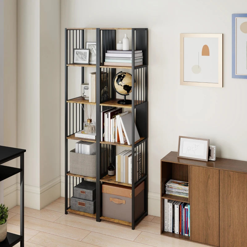 Rustic Brown 5-Tier Bookshelf with Steel Frame - Industrial Style Storage Shelf for Home or Office
