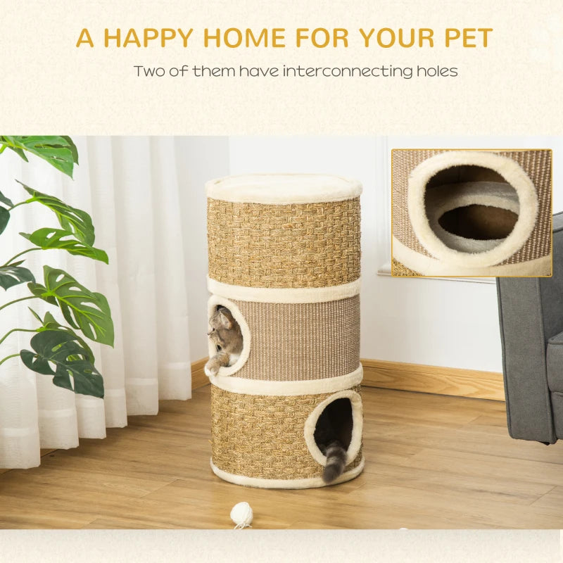 Cat Scratching Barrel Kitten Tree Tower Indoor Pet Furniture Climbing Frame with Sisal and Seaweed Rope Cozy Plush Platform