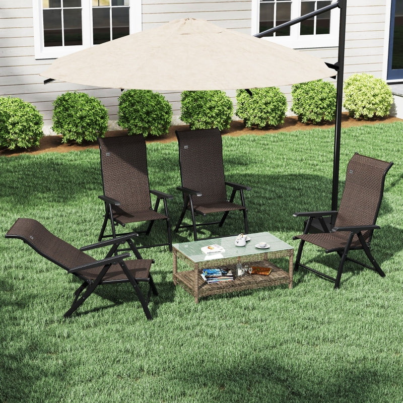 Set of Four Dark Brown Folding Garden Chairs with Seven-Position Adjustable Backs - Outdoor Seating, Space-Saving Design
