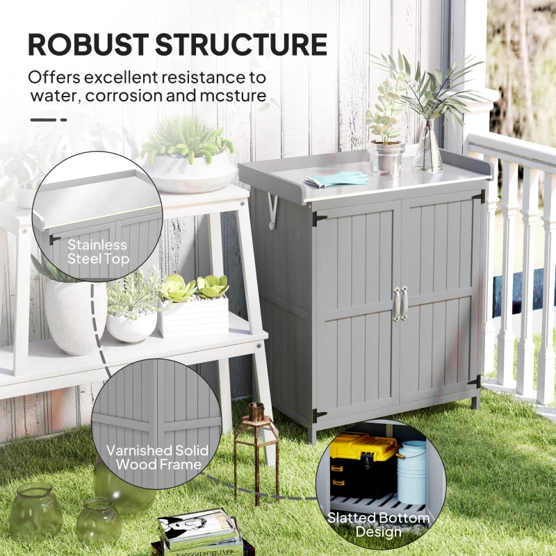 Wooden Garden Shed - Grey Outdoor Storage Cabinet with Hinged Roof, Shelf & Double Doors - 4x6 ft