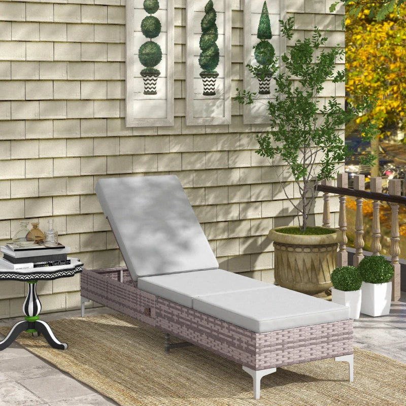 Light Grey Rattan Sun Lounger with Adjustable Backrest