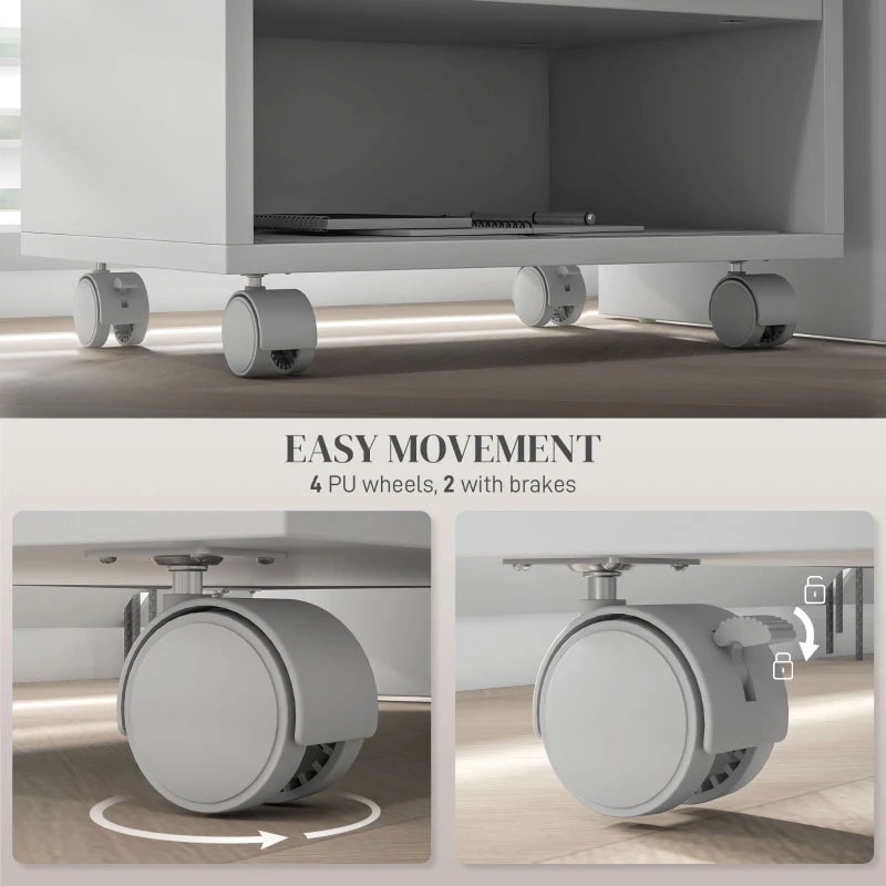 Versatile Three-Compartment Printer Cabinet on Wheels - Stylish White Storage Solution for Home Office and Workspace