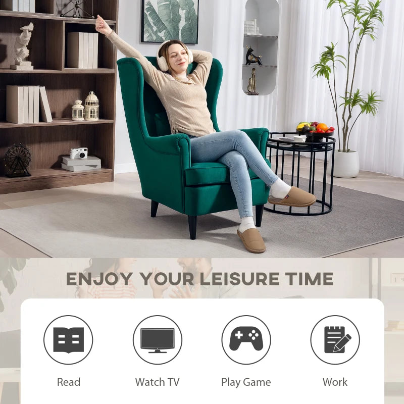 Stylish Upholstered Wingback Armchair with High Backrest and Pillow for Living Room or Bedroom, Dark Green Velvet