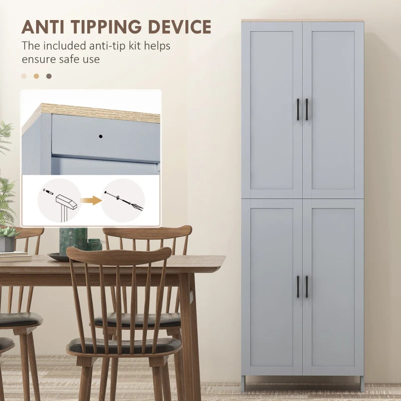 Modern Freestanding Kitchen Cupboard - 4-Door Storage Cabinet with Adjustable Shelves, 170cm Grey Pantry for Dining Room