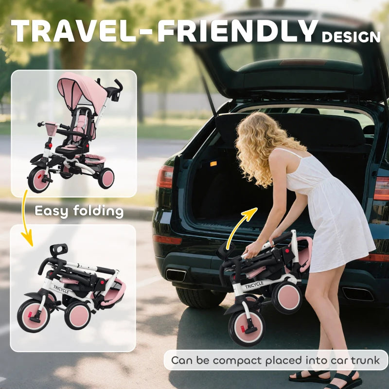 6 in 1 Foldable Kids Trike with Adjustable Parent Handle and Canopy for Ages 1-5 Pink