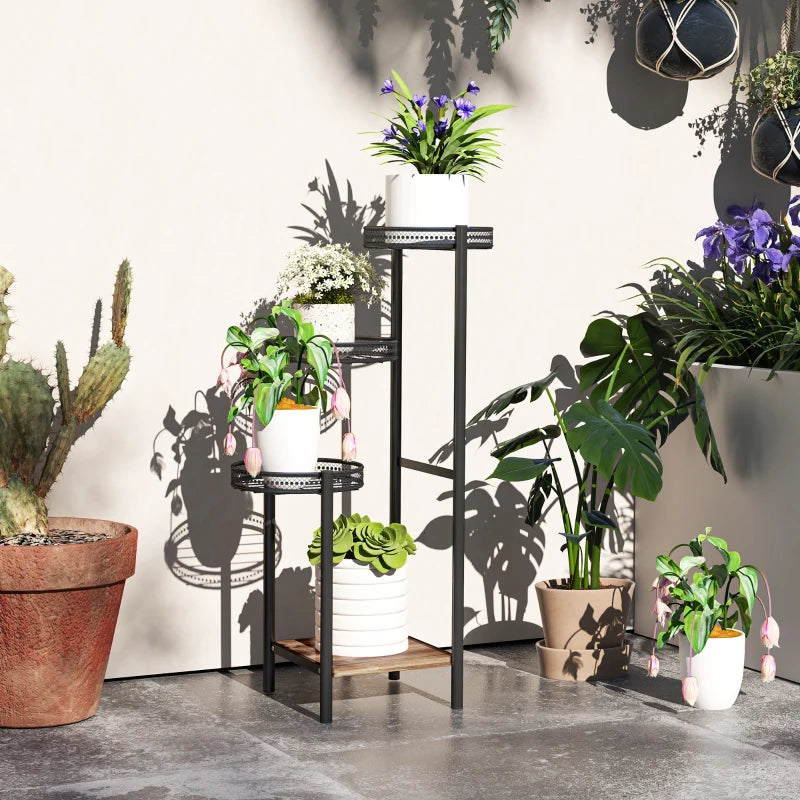 Four-Tier Black Steel Plant Stand - 4-Tier Indoor/Outdoor Flower Shelf
