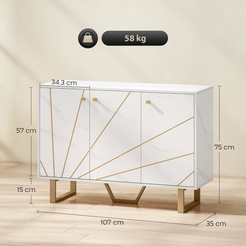 Modern Sideboard Storage Cabinet with Adjustable Shelves & Metal Legs - White Marble Tone for Living Room, Kitchen, Dining Room, Entryway