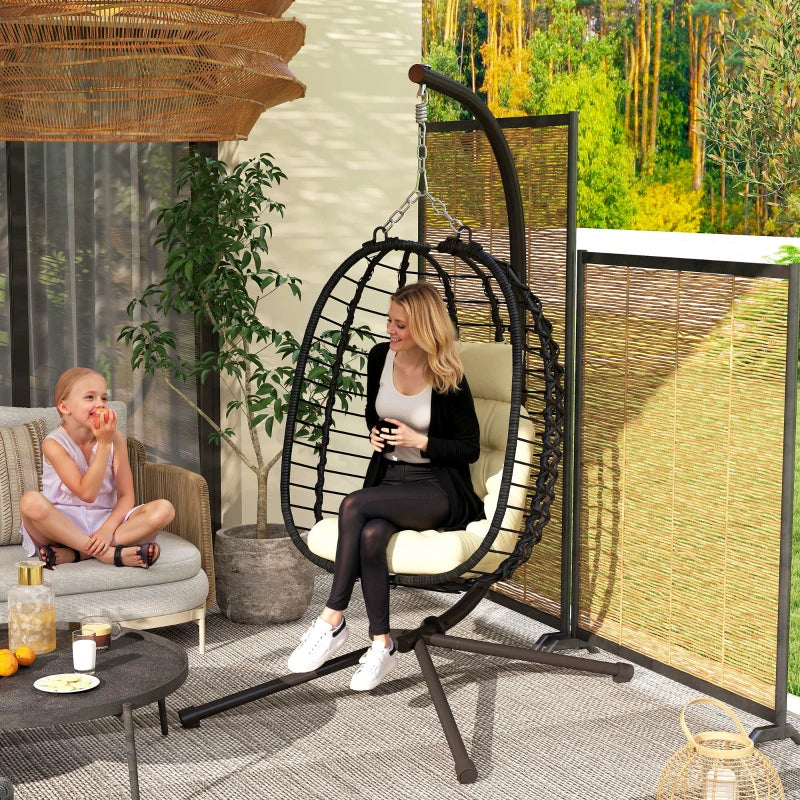 Rattan Hanging Egg Chair with Cushion, Adjustable Height, Steel Frame for Indoor Outdoor Use
