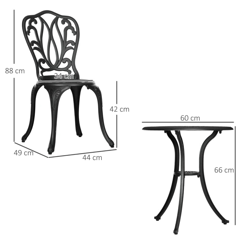 3 Piece Black Cast Aluminium Garden Bistro Set with Umbrella Hole - Outdoor Furniture for Balcony, Porch, Patio