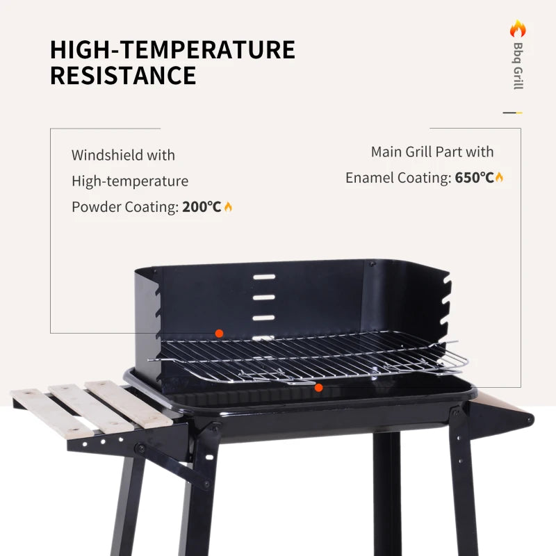 Charcoal BBQ Grill with Side Trays and Storage Shelf - Outdoor Patio Garden