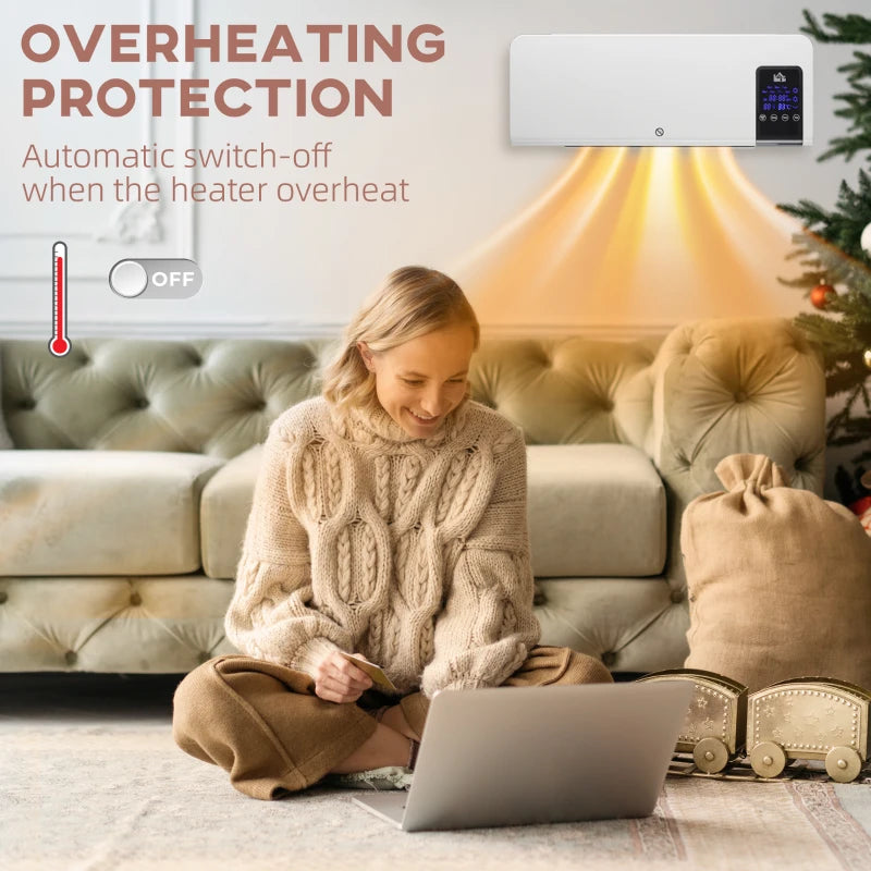 2000W Wall Mounted Electric Heater Adjustable 18 to 45 Degrees Celsius White