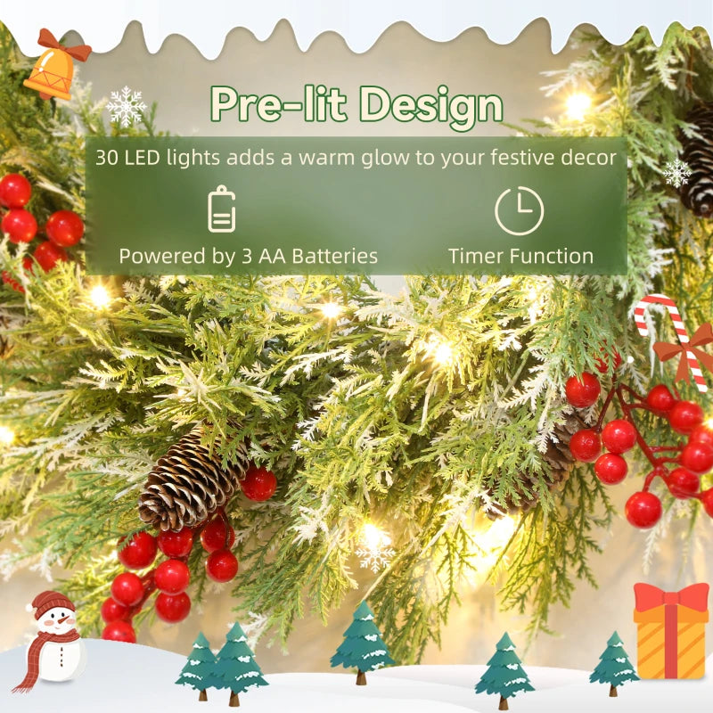 60 cm Prelit Christmas Wreath - Realistic Branches, 30 Warm White LEDs, Timer, Battery Operated Door Decor