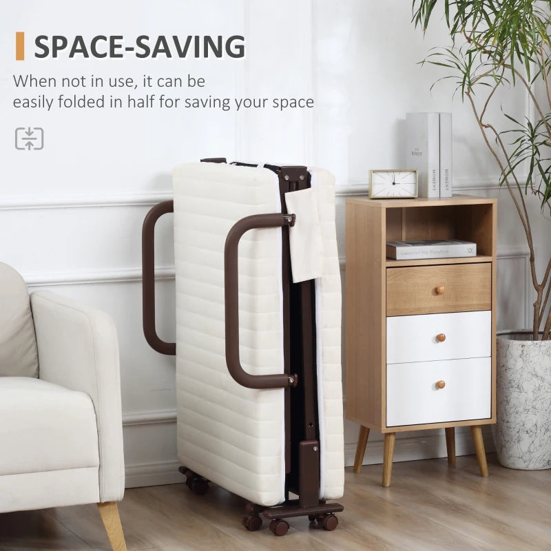 Portable Folding Bed with Mattress - Single Guest Bed, Adjustable Backrest, Metal Frame on Wheels, White, 190 x 76 cm