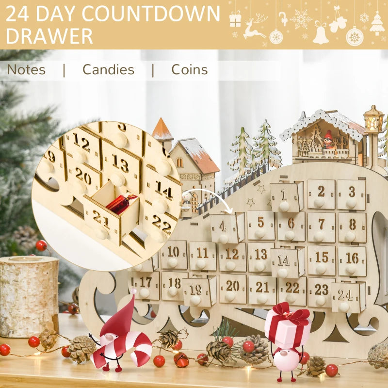 2021 Light Up Christmas Advent Calendar - Wooden Sleigh Holiday Decoration with Countdown Drawers for Kids & Adults - Natural Wood