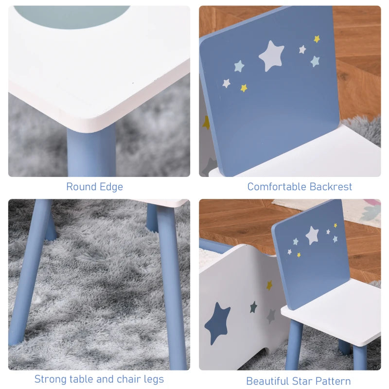 3 Pcs Kids Table & Chairs Set - Safe Corners, Wood Legs, Cute Stars - Mini Furniture for Playroom & Bedroom - Blue
