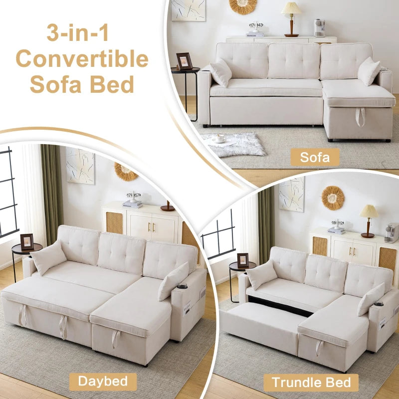 Versatile L-Shaped Sofa Bed with Reversible Chaise, Storage, Cup Holders and Cushions in Beige