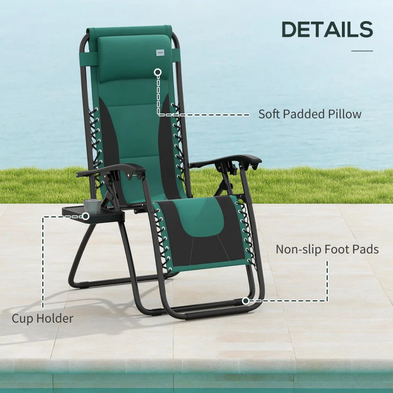 Zero Gravity Lounger Chair - Folding Reclining Patio Chair with Padded Seat, Cup Holder, Soft Cushion and Headrest - Green - Ideal for Poolside and Camping
