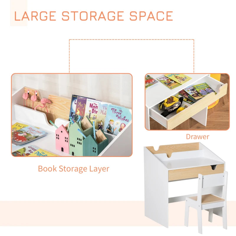 Kids Desk and Chair Set - 2-Piece Study Table with Storage Drawer & Bookshelf for Ages 3-6 - Ideal for Writing & Drawing